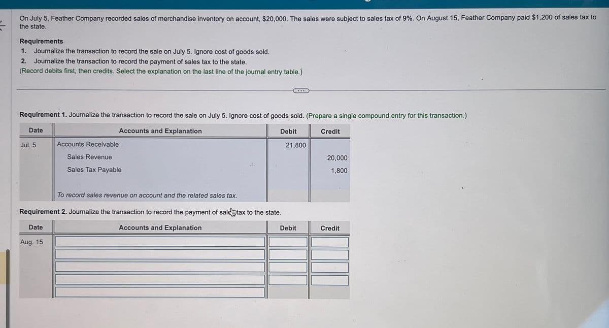 On July 5, Feather Company recorded sales of merchandise inventory on account, $20,000. The sales were subject to sales tax of 9%. On August 15, Feather Company paid $1,200 of sales tax to
the state.
Requirements
1. Joumalize the transaction to record the sale on July 5. Ignore cost of goods sold.
2.
Journalize the transaction to record the payment of sales tax to the state.
(Record debits first, then credits. Select the explanation on the last line of the journal entry table.)
Requirement 1. Journalize the transaction to record the sale on July 5. Ignore cost of goods sold. (Prepare a single compound entry for this transaction.)
Date
Accounts and Explanation
Jul. 5
Accounts Receivable
Sales Revenue
Sales Tax Payable
To record sales revenue on account and the related sales tax.
Requirement 2. Journalize the transaction to record the payment of saltax to the state.
Date
Aug. 15
Accounts and Explanation
Debit
Credit
21,800
20,000
1,800
Debit
Credit