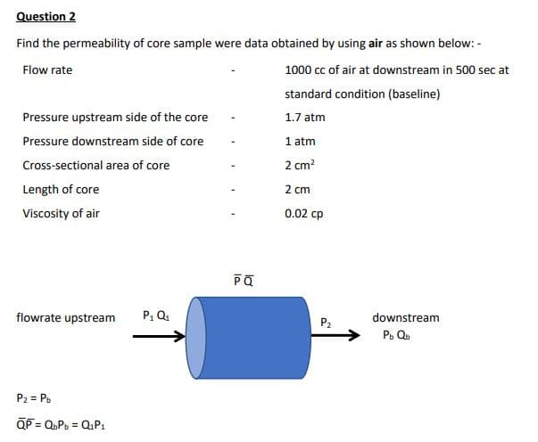 Question 2
Find the permeability of core sample were data obtained by using air as shown below:-
Flow rate
1000 cc of air at downstream in 500 sec at
standard condition (baseline)
Pressure upstream side of the core
1.7 atm
Pressure downstream side of core
1 atm
Cross-sectional area of core
2 cm²
Length of core
2 cm
Viscosity of air
0.02 cp
flowrate upstream
P₁ Q₁
downstream
Pb Qb
P₂ = Pb
QP=QbPb = Q₁P₁
PQ
P₂