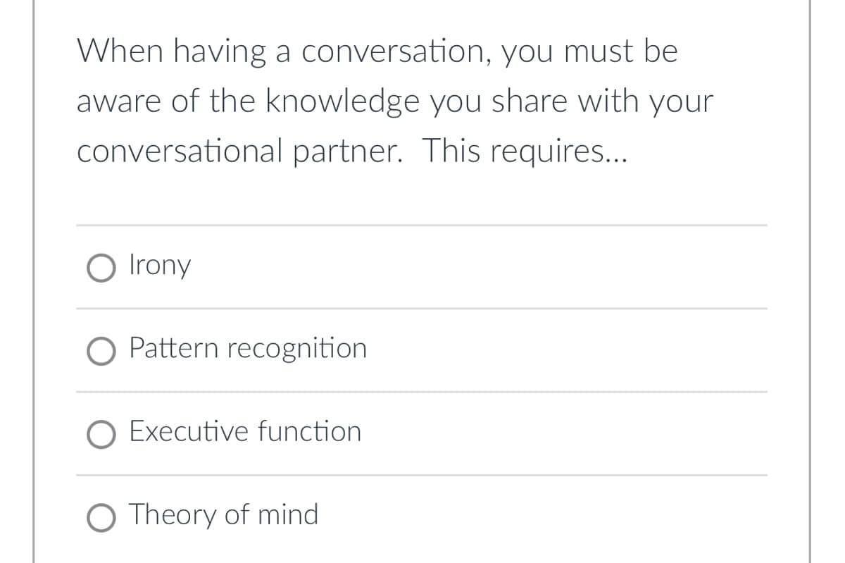 When having a conversation, you must be
aware of the knowledge you share with your
conversational partner. This requires...
O Irony
O Pattern recognition
O Executive function
O Theory of mind