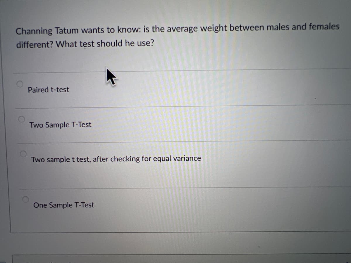 Channing Tatum wants to know: is the average weight between males and females
different? What test should he use?
Paired t-test
Two Sample T-Test
Two sample t test, after checking for equal variance
One Sample T-Test