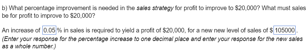 b) What percentage improvement is needed in the sales strategy for profit to improve to $20,000? What must sales
be for profit to improve to $20,000?
An increase of 0.05% in sales is required to yield a profit of $20,000, for a new new level of sales of $105000.
(Enter your response for the percentage increase to one decimal place and enter your response for the new sales
as a whole number.)