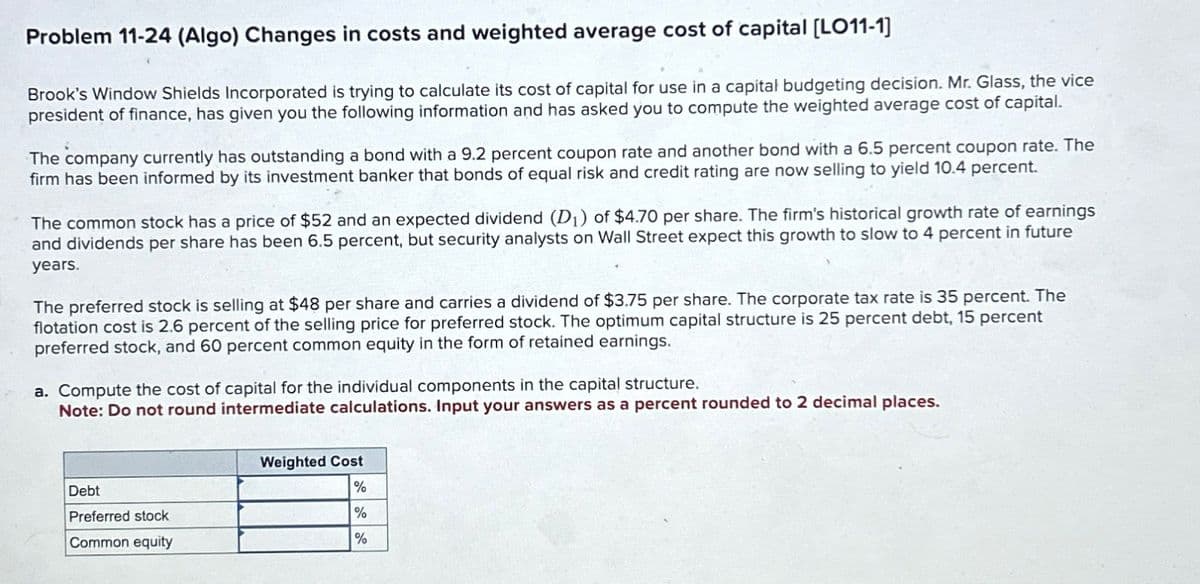 Problem 11-24 (Algo) Changes in costs and weighted average cost of capital [LO11-1]
Brook's Window Shields Incorporated is trying to calculate its cost of capital for use in a capital budgeting decision. Mr. Glass, the vice
president of finance, has given you the following information and has asked you to compute the weighted average cost of capital.
The company currently has outstanding a bond with a 9.2 percent coupon rate and another bond with a 6.5 percent coupon rate. The
firm has been informed by its investment banker that bonds of equal risk and credit rating are now selling to yield 10.4 percent.
The common stock has a price of $52 and an expected dividend (D₁) of $4.70 per share. The firm's historical growth rate of earnings
and dividends per share has been 6.5 percent, but security analysts on Wall Street expect this growth to slow to 4 percent in future
years.
The preferred stock is selling at $48 per share and carries a dividend of $3.75 per share. The corporate tax rate is 35 percent. The
flotation cost is 2.6 percent of the selling price for preferred stock. The optimum capital structure is 25 percent debt, 15 percent
preferred stock, and 60 percent common equity in the form of retained earnings.
a. Compute the cost of capital for the individual components in the capital structure.
Note: Do not round intermediate calculations. Input your answers as a percent rounded to 2 decimal places.
Weighted Cost
Debt
Preferred stock
Common equity
%
%
%