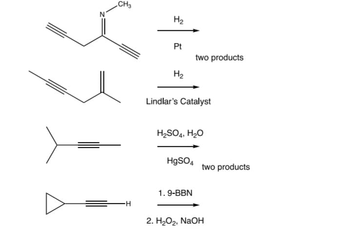 CH3
-H
H₂
Pt
H₂
Lindlar's Catalyst
two products
H₂SO4, H₂O
HgSO4
1.9-BBN
two products
2. H₂O₂, NaOH