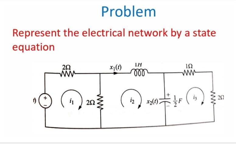 Problem
Represent the electrical network by a state
equation
1)
ΤΗ
292
x1(t)
ΙΩ
www
m
www
€
292
www
12
X2(1) F
www
20
5