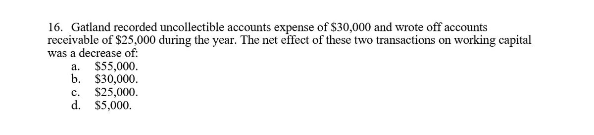 16. Gatland recorded uncollectible accounts expense of $30,000 and wrote off accounts
receivable of $25,000 during the year. The net effect of these two transactions on working capital
was a decrease of:
a.
$55,000.
b. $30,000.
c.
$25,000.
d. $5,000.