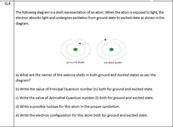 The following diagram is a shell representation of an atom. When the atom is exposed to light, the
electron absorbs light and undergoes excitation from ground state to excited state as shown in the
diagram.
ground state
excited stete
a) What are the names of the valence shells in both ground and excited states as per the
diagram?
b) Write the value of Principal Quantum number (n) both for ground and excited state.
c) Write the value of Azimuthal Quantum number (I) both for ground and excited state.
d) Write a possible Isotope for this atom in the proper symbolism.
